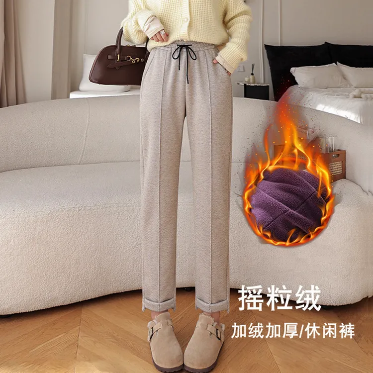 秋冬加绒加厚毛呢烟管裤高腰女裤小脚九分裤外穿人字纹铅笔裤显瘦