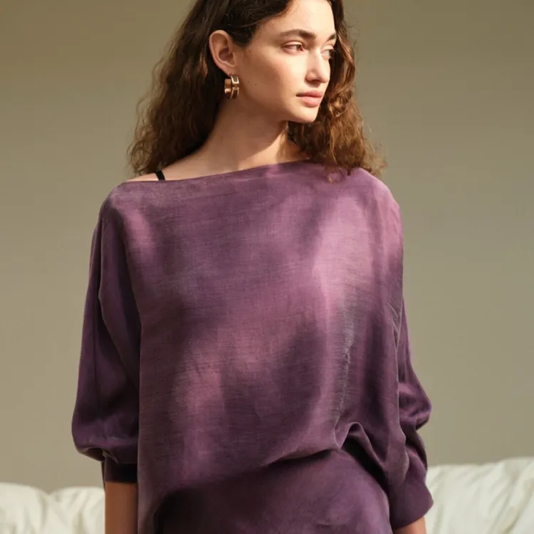 高级铜氨丝套装宽松一字领显瘦蝙蝠袖上衣松紧腰鱼尾裙（需分开拍