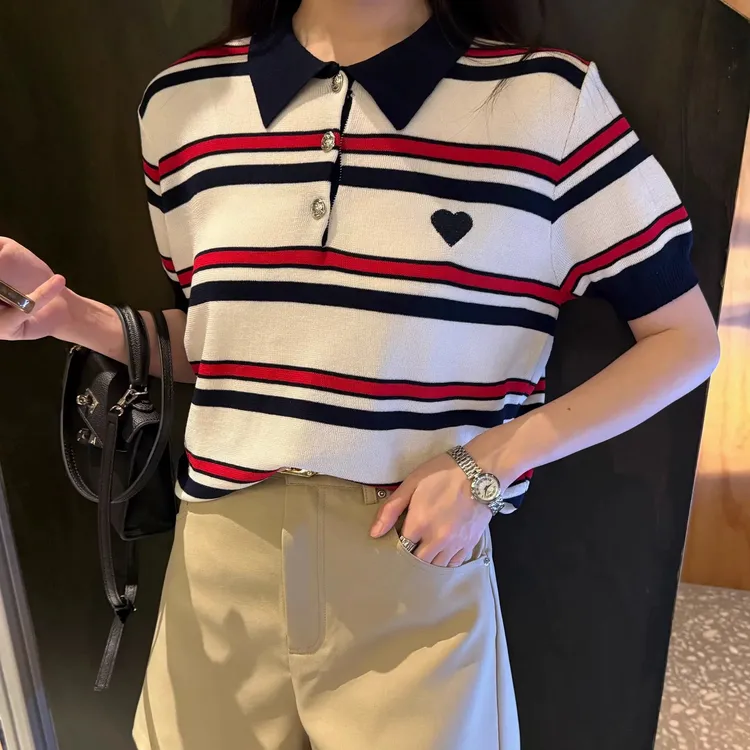 大码夏季POLO针织衫条纹学院显瘦小众爱心甜美学院休闲上衣#S001