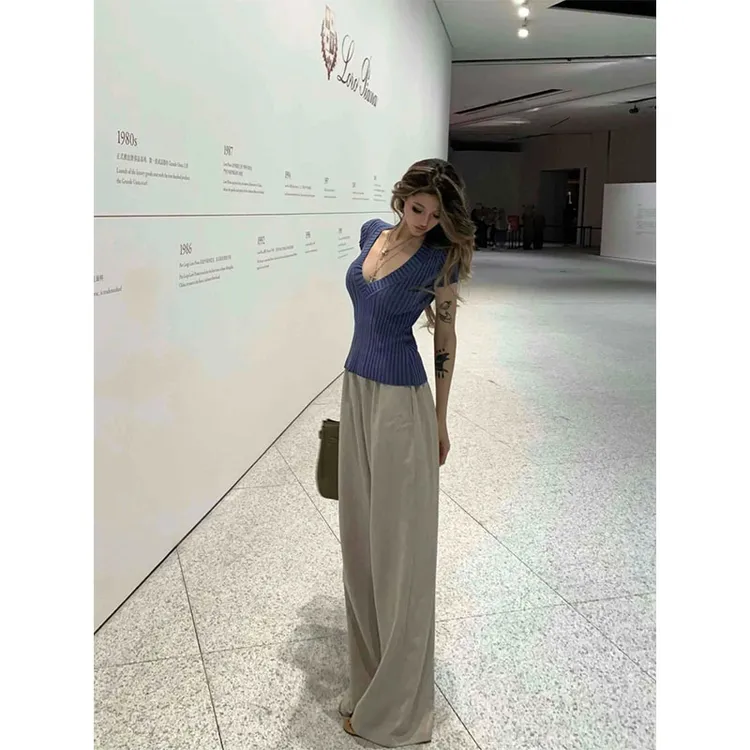2025春季新款修身显瘦气质时尚高级性感V领针织上衣休闲宽松长裤