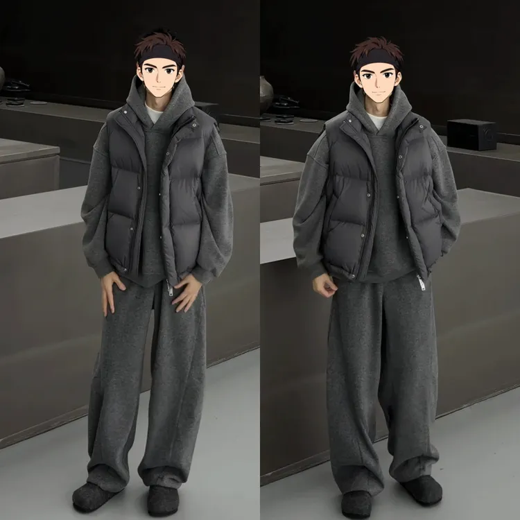 重磅男士百搭纯色叠穿时尚气质高级感加绒袋鼠连帽卫衣品质套装