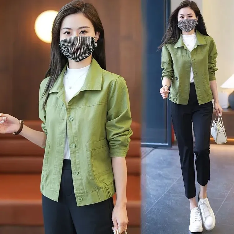 宽松春秋女士工装夹克女翻领短外套薄款POLO领短款时尚干炼