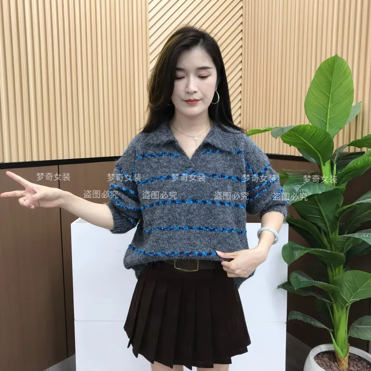 慵懒风复古软糯毛衣翻领女秋冬氛围感高级感宽松百搭针织欧韩上衣