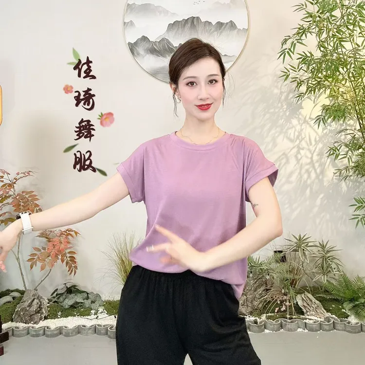 【佳琦舞服】莫代尔罗纹圆领飞飞袖短袖纯色T恤休闲大码春夏舞蹈服