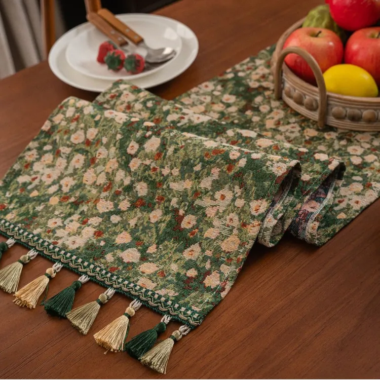 桌旗提花绿色田园花丛流苏茶旗餐旗长条加厚装饰茶几茶桌长条茶台