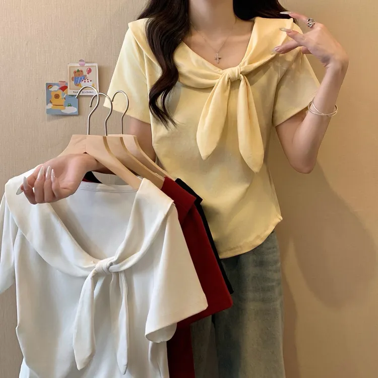 2025年大码女装新款设计感海军领蝴蝶结短袖T恤3305