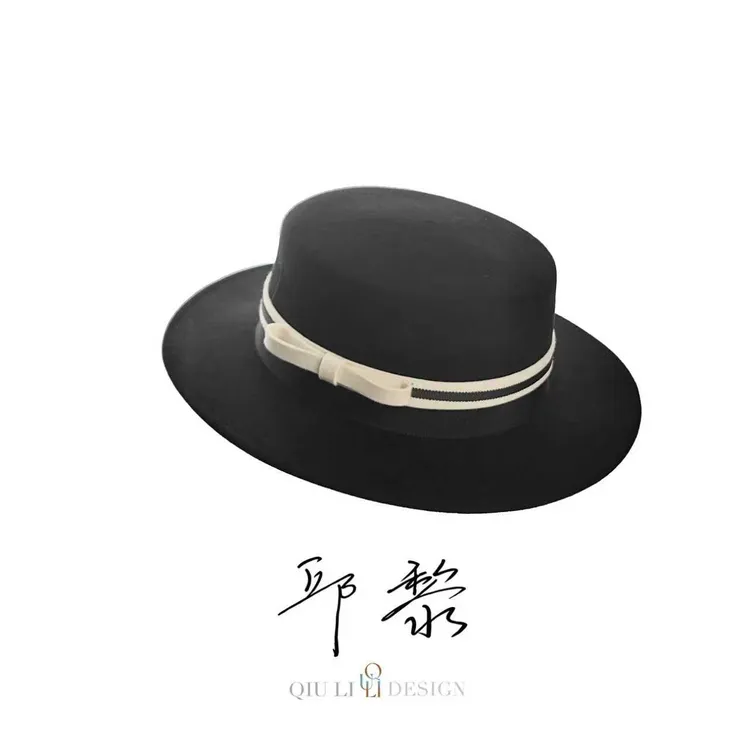 邱黎的帽子・ 秋冬新款羊毛黑白双层蝴蝶结织带平顶礼帽 1d2469