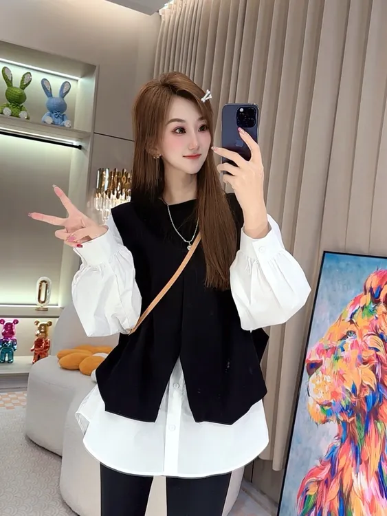 衬衫马甲假2件女装女韩版卫衣中长款