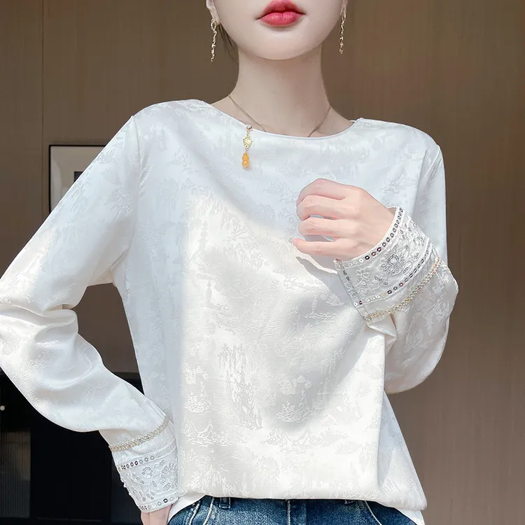 国风百搭提花上衣时尚小衫春季气质圆领短款长袖醋酸常规打底薄款