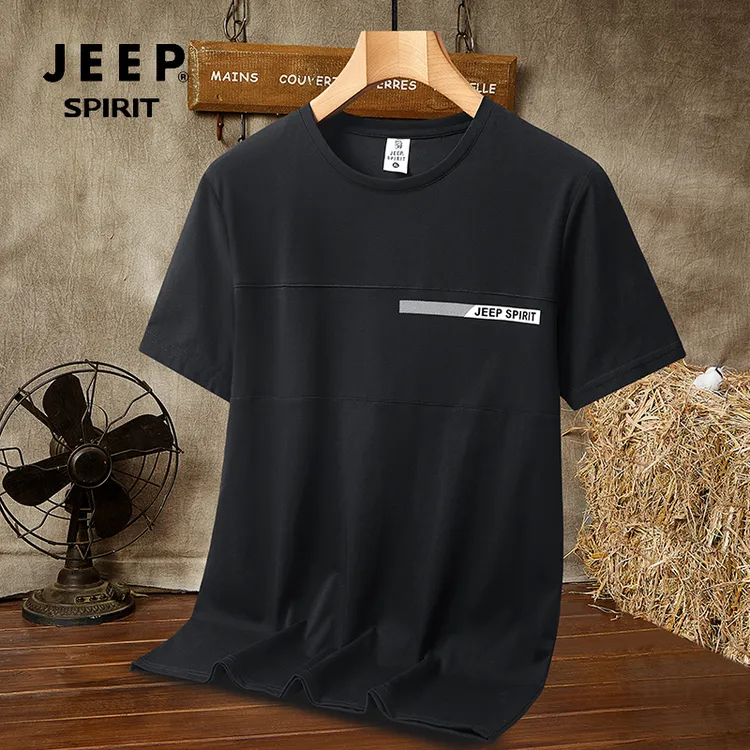JEEPSPIRIT吉普夏季休闲男士弹力印花大码速干透气圆领短袖T恤