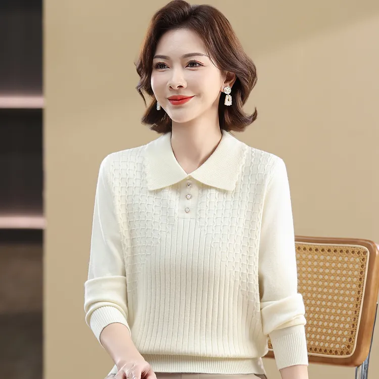 春秋薄款针织衫时尚上衣女士宽松妈妈装方领T恤洋气中老年女装