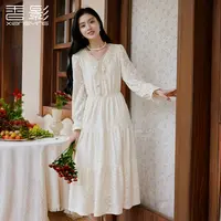 【香影】L85A652连衣裙 香影法式v领白色蕾丝连衣裙女秋季新款镂空