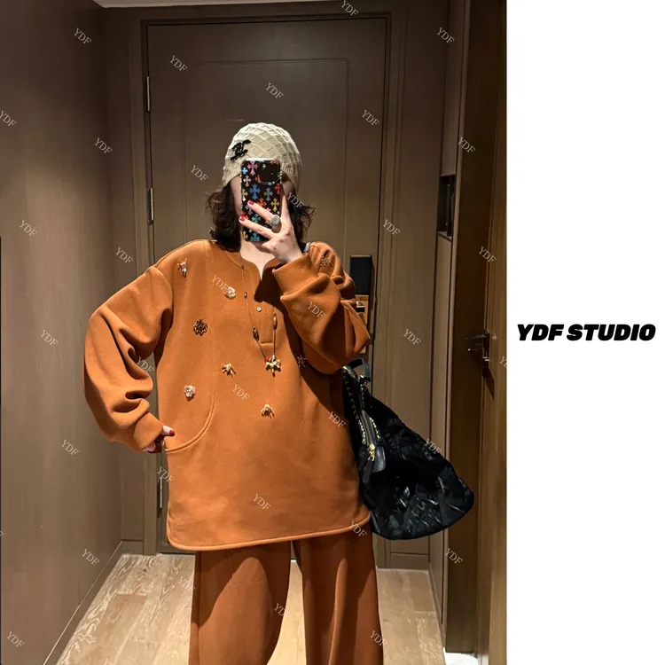 YDFSTUDIO小众【金韵山茶】欧货高品重工立体花朵设计上衣+裤子套装