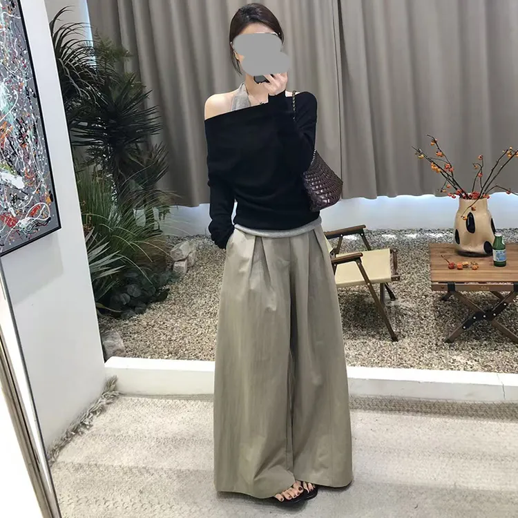 小众设计感假两件长袖T恤高腰休闲阔腿裤女2025春秋新款气质套装