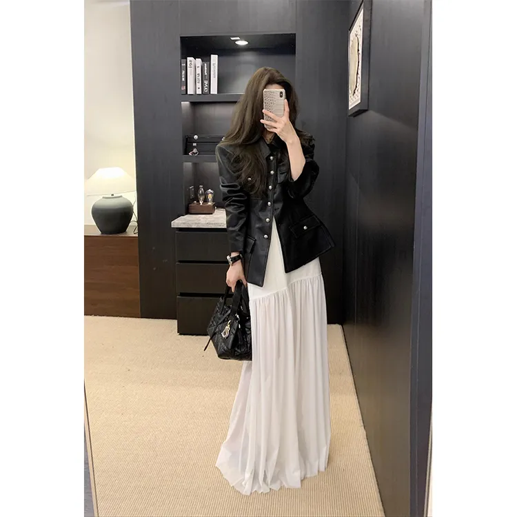 2025新款女士早春季时尚气质复古夹克长袖皮衣外套修身显瘦连衣裙