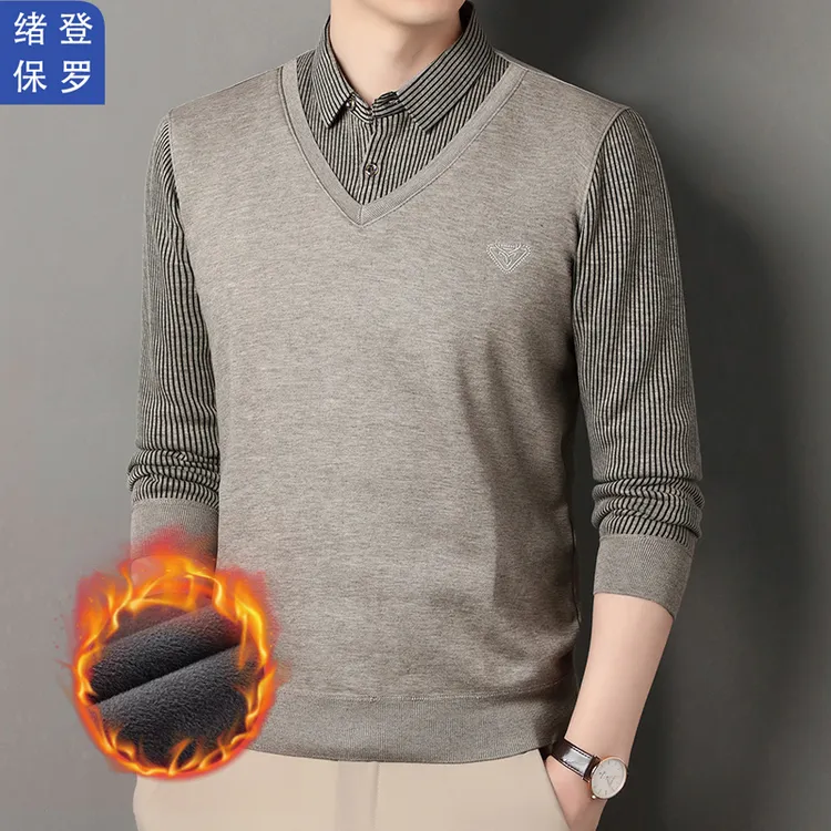 秋冬男士加绒加厚保暖毛衣男衬衫领假两件针织打底衫上衣男装233