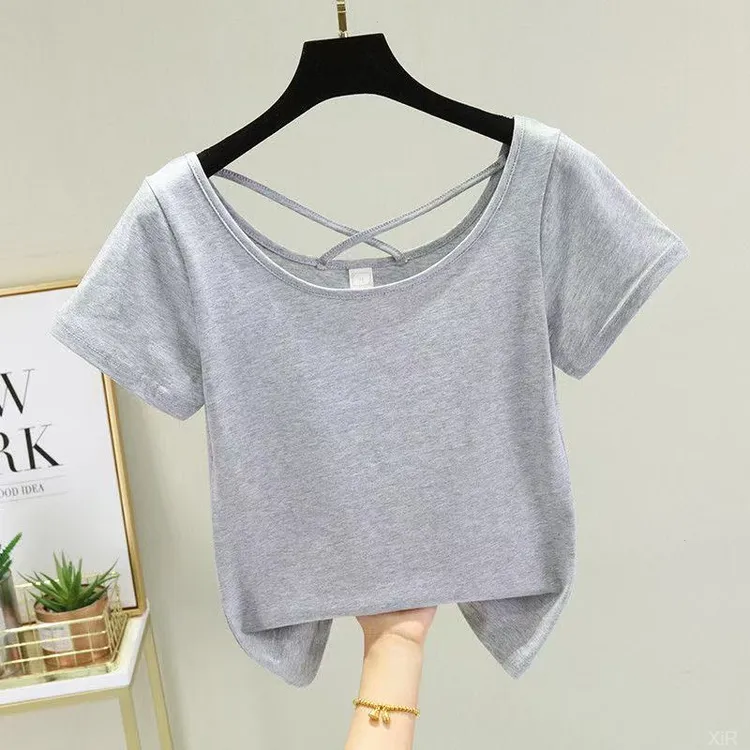 纯棉灰色短袖t恤女装夏季2025新款修身内搭打底衫低领u领露背上衣