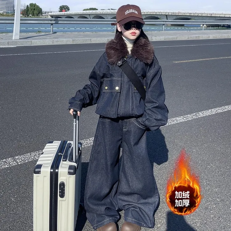 韩版女童小香风夹棉短外套套装洋气2025新款冬季儿童牛仔裤两件套