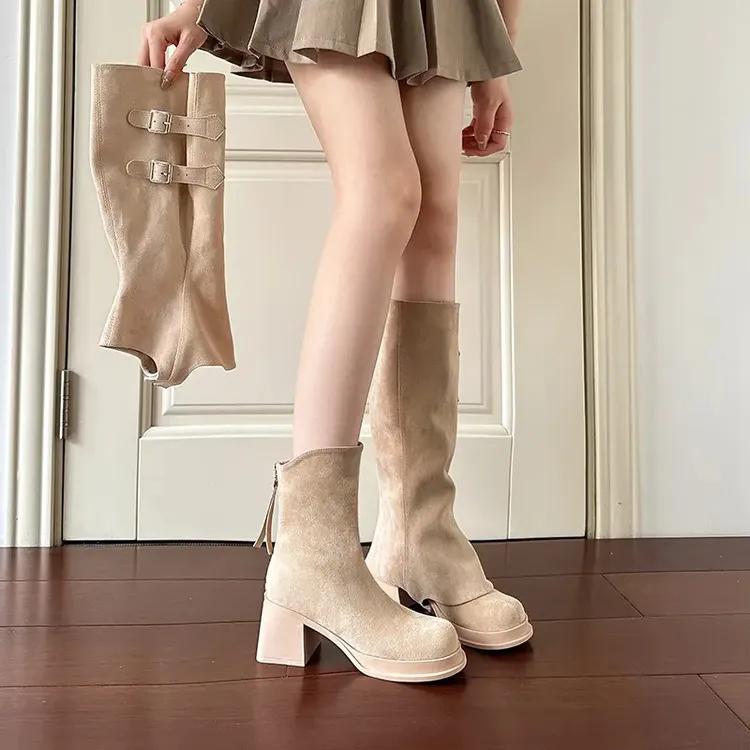 两穿长靴女2025秋冬新款可拆卸复古堆堆靴粗高跟厚底美拉德靴子女
