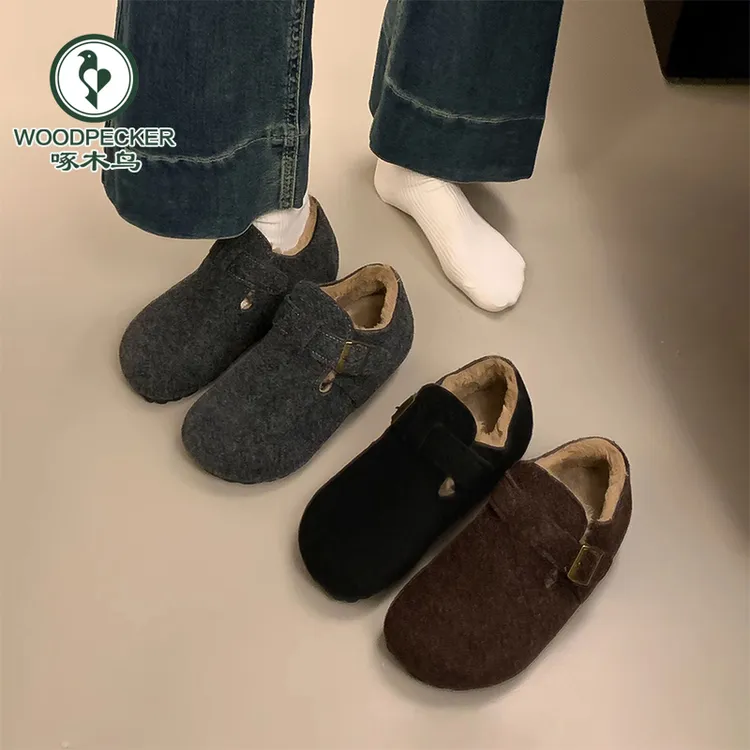 啄木鸟毛呢加绒森系全包内增高勃肯鞋女冬博肯一脚蹬加绒保暖棉鞋