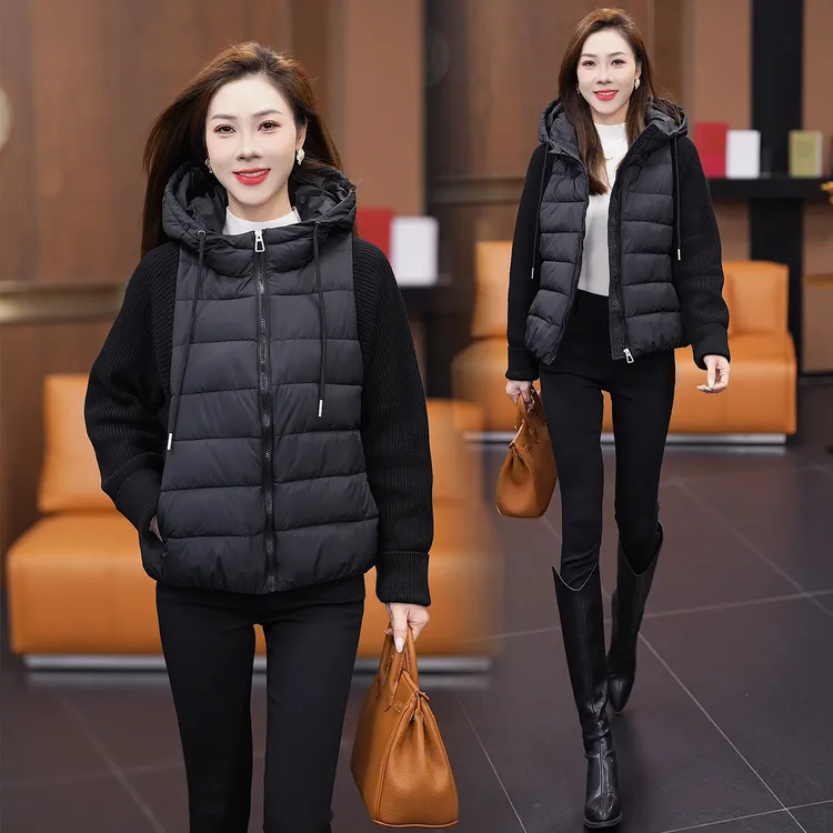 时尚短款连帽加厚棉服女冬季新款韩版宽松保暖针织拼接棉袄外套潮