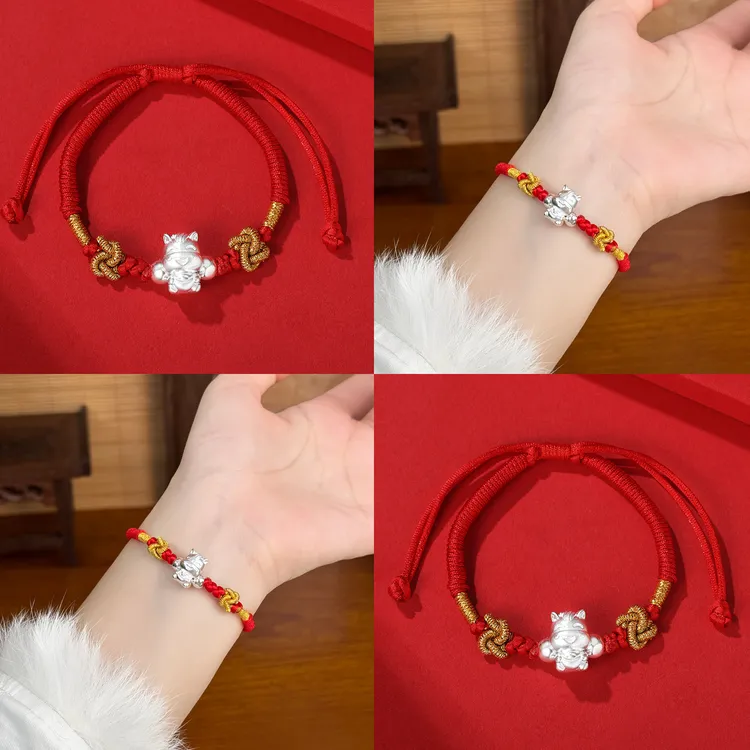 足银手链 元宝福马红绳好运手链999纯银编织绳红色本命年礼物银饰