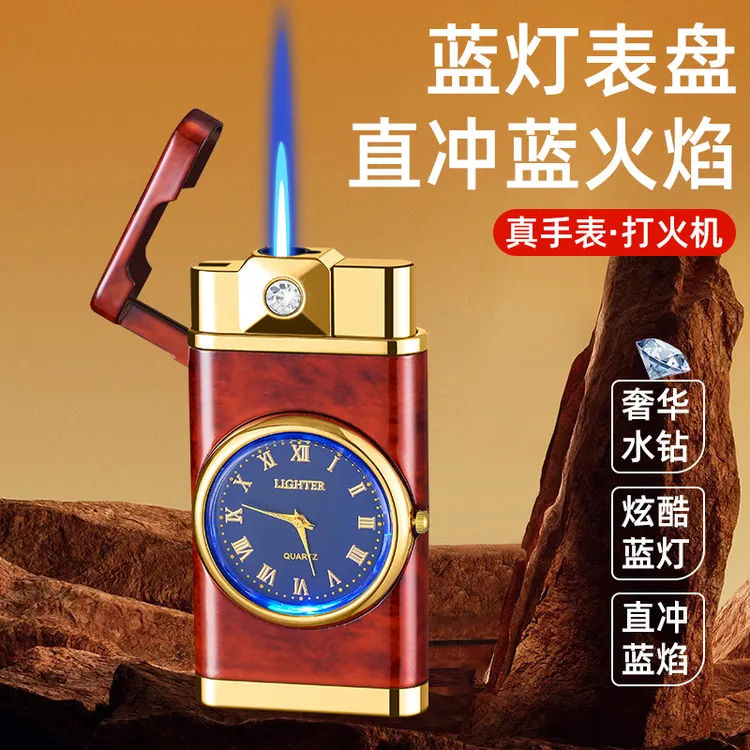 商务镶钻手表直冲蓝焰带灯金属防风打火机男士礼品