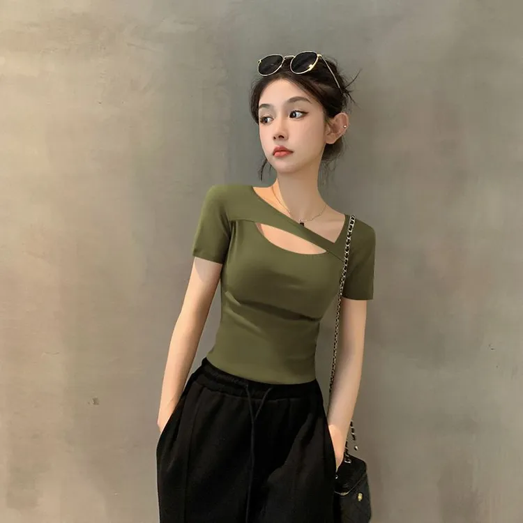 2025新款夏季抹茶绿u领短袖T恤女不规则正肩莫代尔薄款小众上衣潮