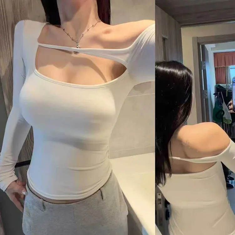 韩系方领橡皮筋超有安全感低胸露锁骨内搭长袖T恤女秋冬打底上衣