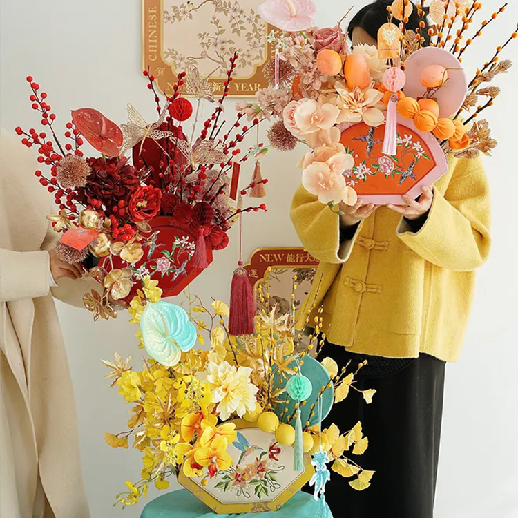 原创2025蛇年福桶扇形刺绣锦盒年宵花桶电视柜喜庆抱抱桶插花盒