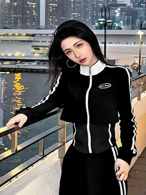 2025春秋新款韩版时尚休闲运动服套装女洋气开衫阔腿裤显瘦两件套