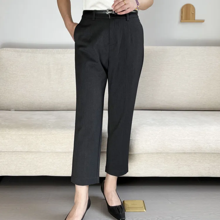 腰带红白杠小西裤 烟管裤常规纽扣通勤正装裤薄款九分裤高腰黑色