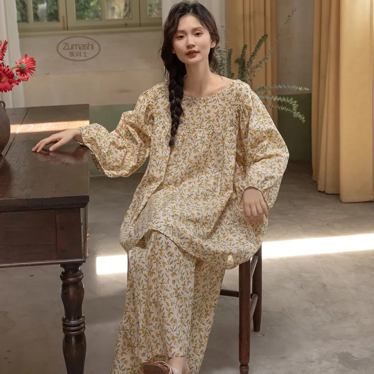 睡衣女春秋季纯棉长袖2025新款套头简约大码碎花可外穿家居服套装