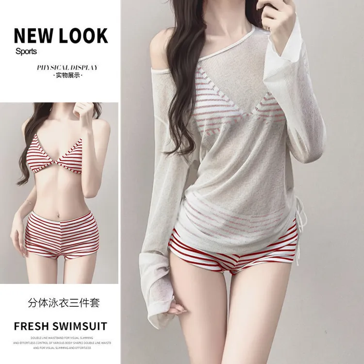 ins爆款网红海军蓝色条纹抹胸比基尼游泳衣抽绳罩衫长袖海岛度假