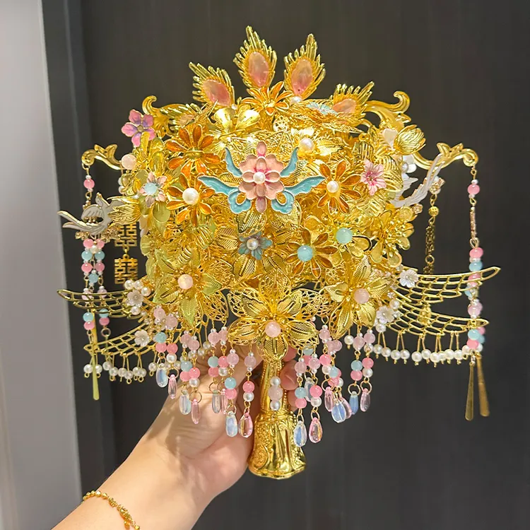 凤冠新娘金色手捧花结婚手工花束礼物diy制作材料包实用秀禾成品
