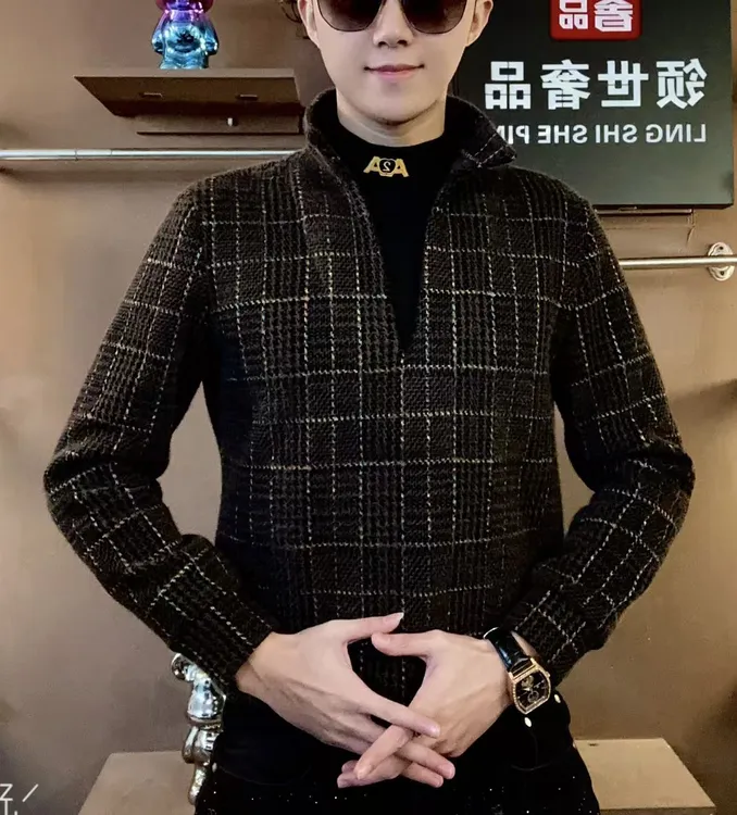 《花纱飞织》加绒翻领假两件冬季时尚轻奢帅气休闲免烫加厚潮流男士