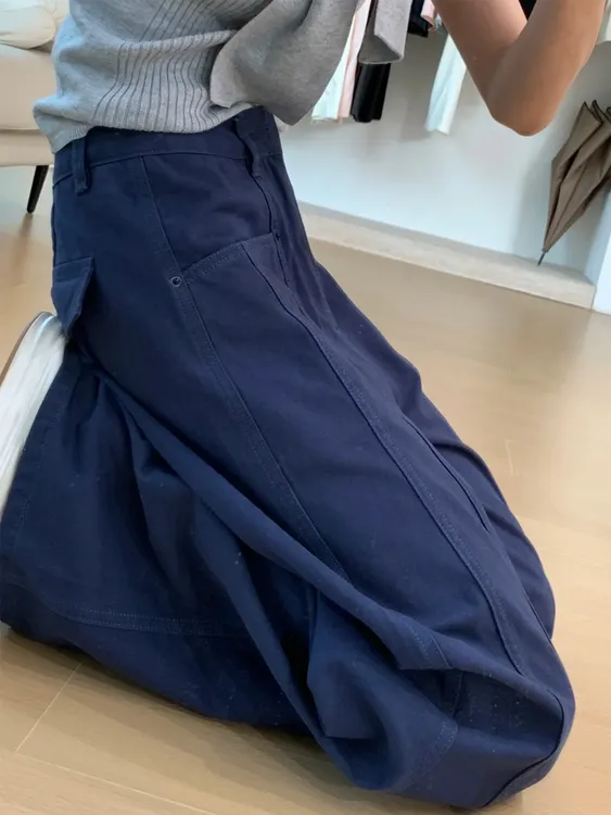 藏青色裤子女款大码胖mm宽松bf慵懒风阔腿裤秋季款高腰直筒休闲裤