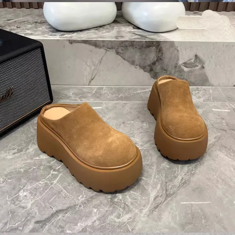 芒果头翻毛皮大头面包鞋一脚蹬半拖鞋鞋托小个子松糕厚底