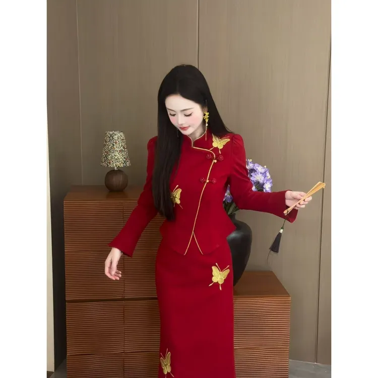 【落樱-红色】七七很芒新中式撞色蝴蝶刺绣上衣+半身裙套装XMZH9118