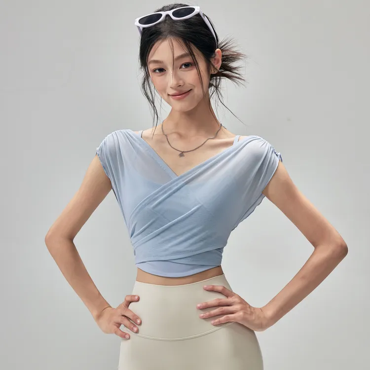 健身女孩网纱瑜伽服短袖带胸垫薄款普拉提训练收腰显瘦运动上衣夏