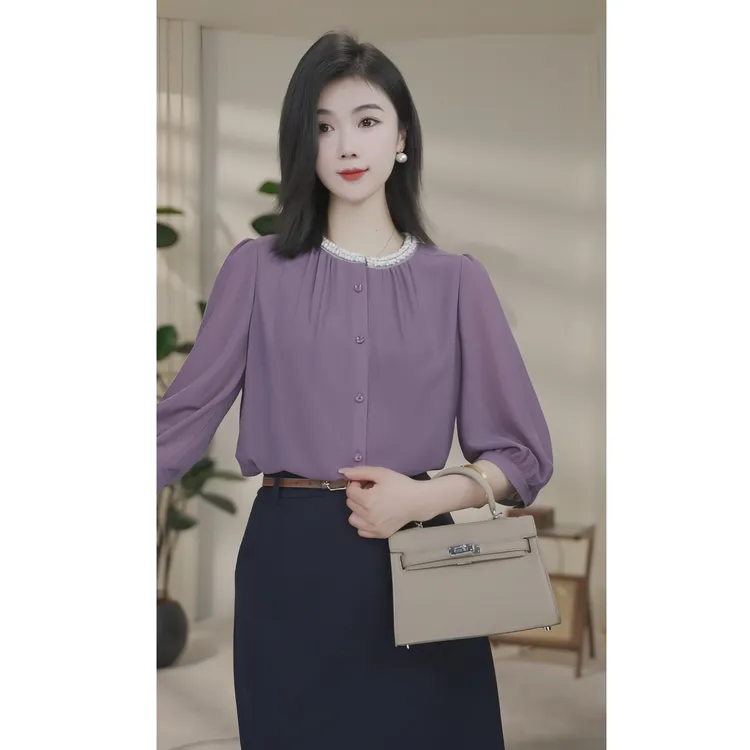 【小北甄选】流光风8592414丁香紫夏季新款衬衫女中袖法式气质衬衣