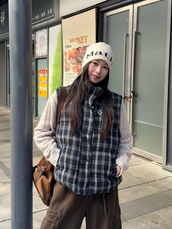 YZBZ燕子美式复古经典格子马甲棉服男女宽松夹棉外套加厚ins冬