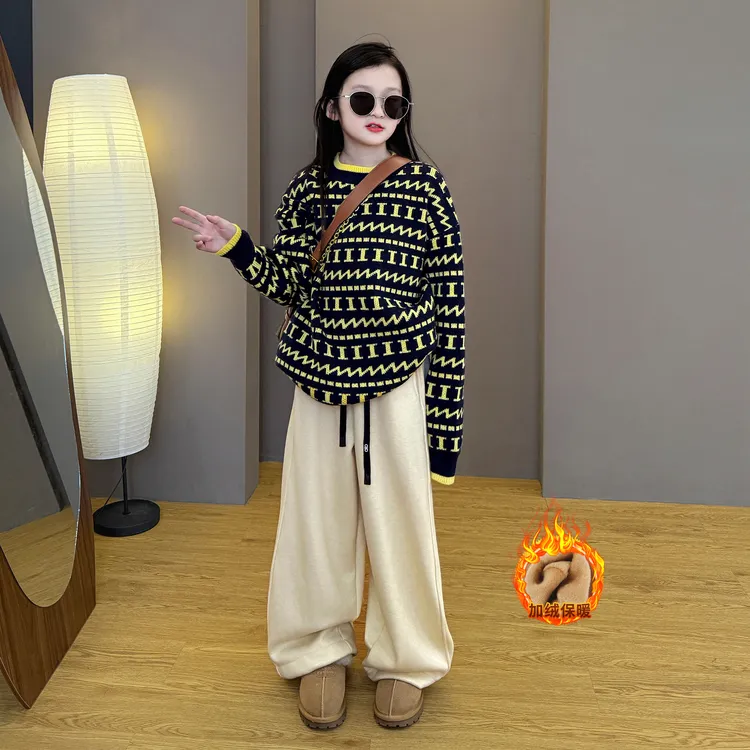 女童2025新款儿童秋冬季韩系慵懒风宽松针织毛衣加绒阔腿裤套装潮