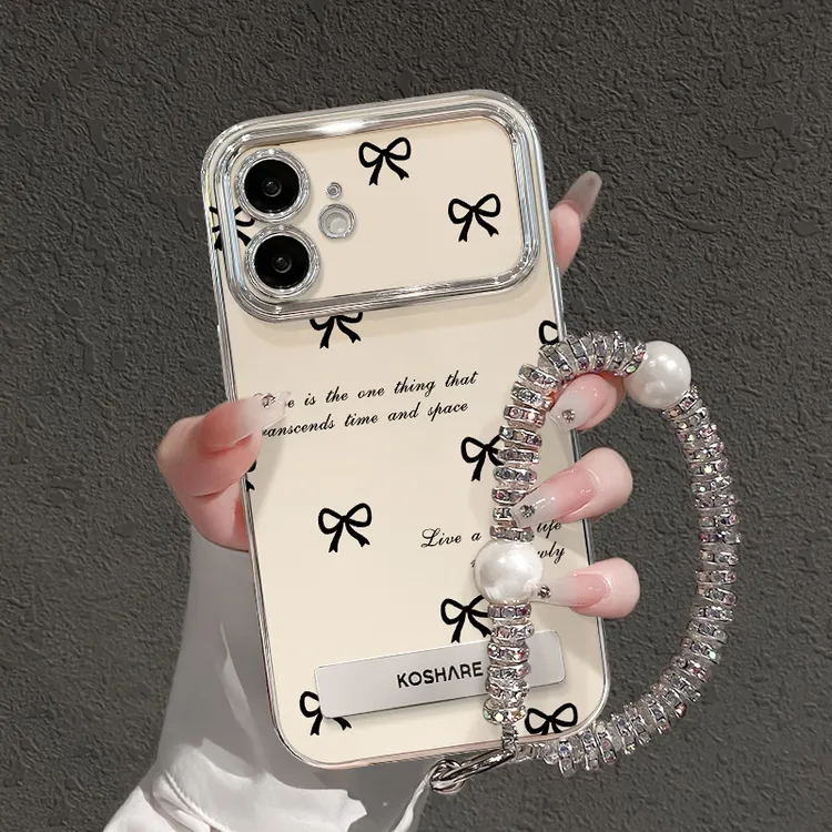 黑蝴蝶结适用苹果17pro手机壳iPhone17新款16手链支架15校园X防摔