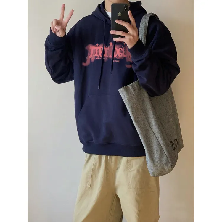 美式涂鸦星星字母印花宽松连帽卫衣男女秋冬季百搭休闲情侣款上衣