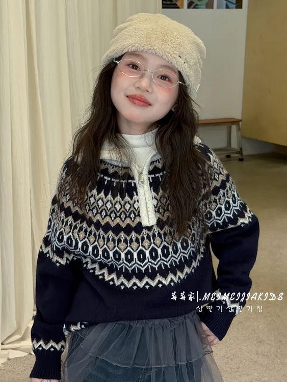 女童费尔岛提花半拉链针织衫2025秋冬新款宽松加厚圆领毛衣打底衫