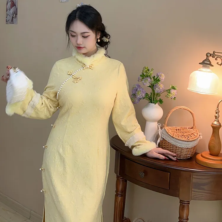 【自制款】天丝羊毛提花鹅黄色新中式改良版少女旗袍大码胖mm