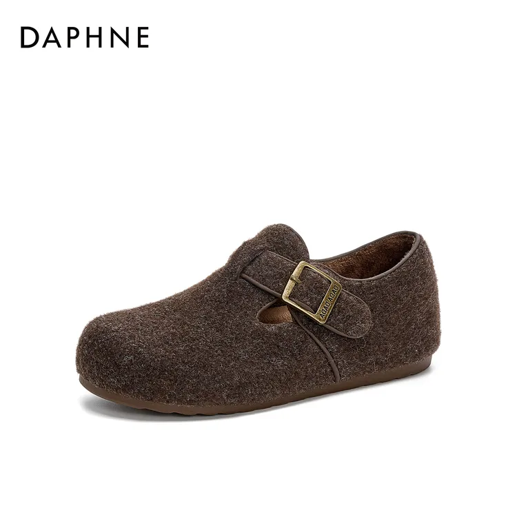 达芙妮冬季加绒保暖勃肯鞋复古金属扣饰平底鞋舒适软底一脚蹬女鞋