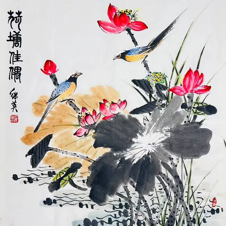 玄关挂画2025最新款高级感手绘作品：《淡雅荷香》