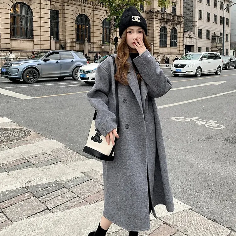 粉色呢子大衣女2023秋冬新品韩系宽松中长款赫本风毛呢外套